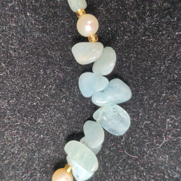 Genuine Aqua & pearl necklace.  New Handcrafted. 18 ". Gold accents - Picture 2 of 8